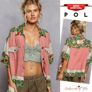 POL Lace Patch Detail Floral Pattern Half Sleeves Raw Hem Shacket | Guava Pink